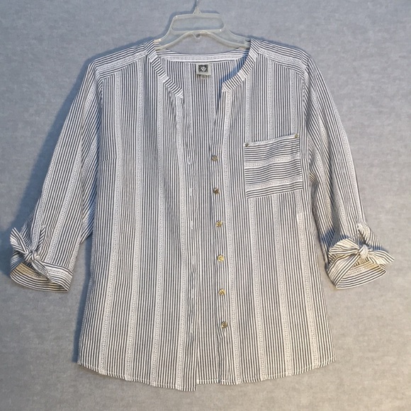 ANNE KLEIN 100% Cotton Striped Shirt w/Logo Buttons Tie Accents on 3/4 Sleeves - Picture 2 of 15